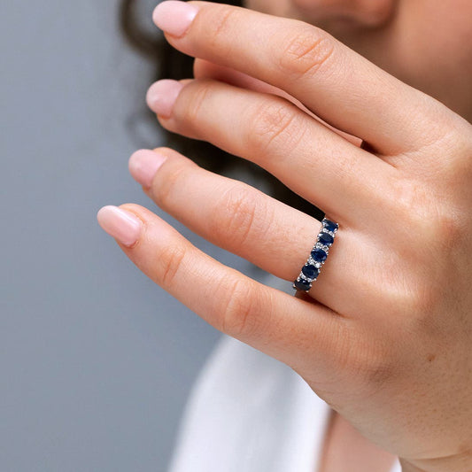 Five Stone Lab-Grown Blue Sapphire with Moissanite Wedding Band