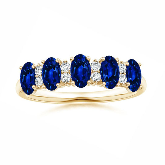 Five Stone Lab-Grown Blue Sapphire with Moissanite Wedding Band