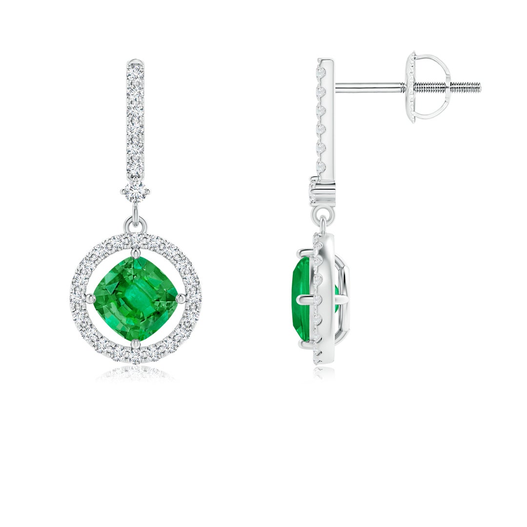 Floating Cushion Lab-Created Emerald with Halo Moissanite Drop Earrings