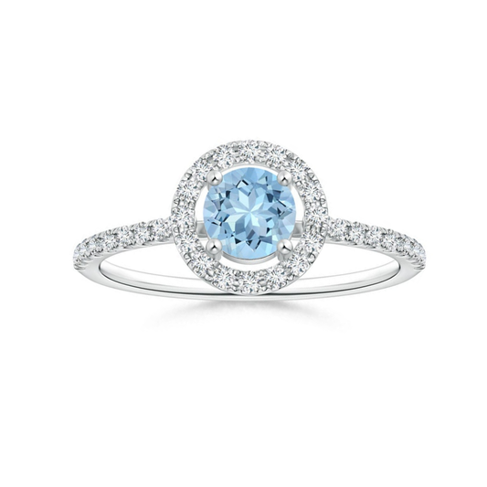 Floating Round Aquamarine with Pavé Moissanite Halo Promise Ring