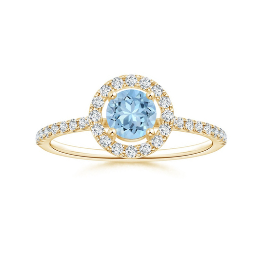 Floating Round Aquamarine with Pavé Moissanite Halo Promise Ring