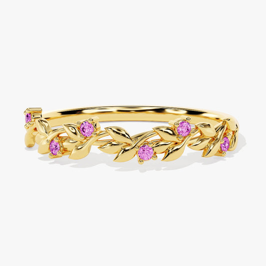 Floral Vine Pink Tourmaline Wedding Band-1.5 mm