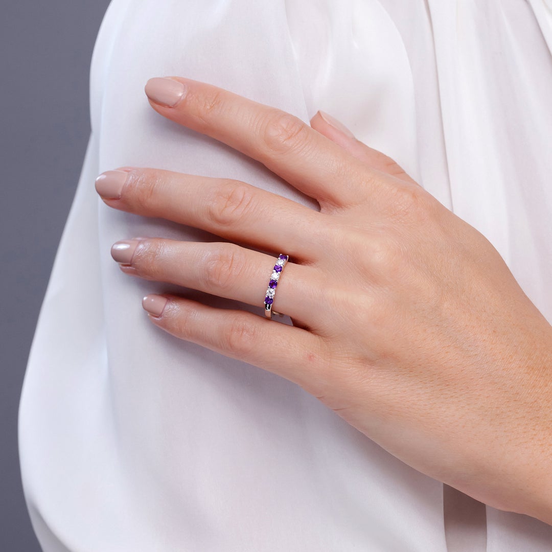 Half Eternity Amethyst and Moissanite Seven Stone Wedding Band