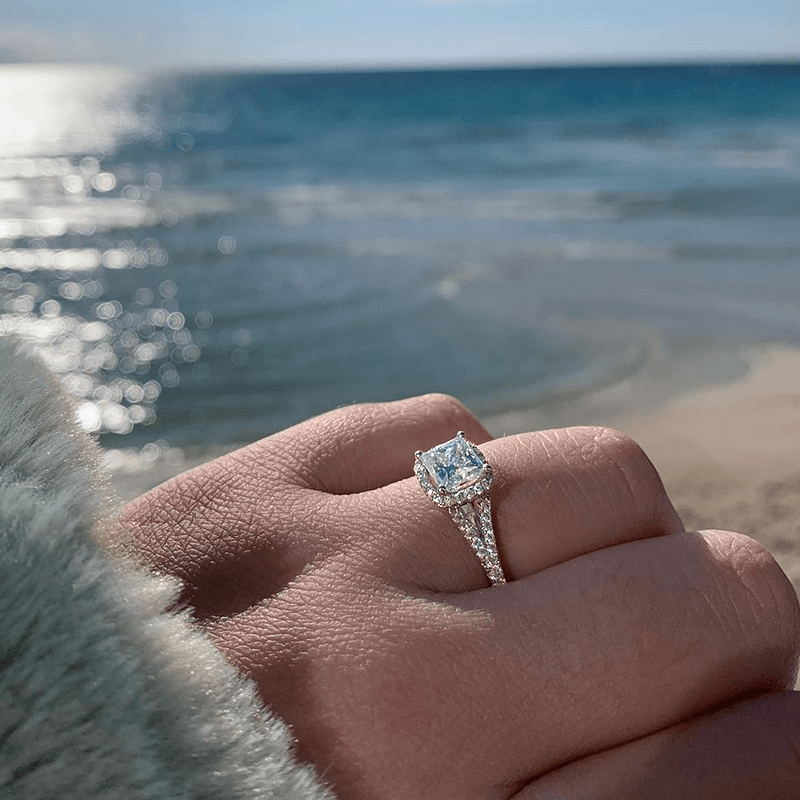Halo Princess Cut Split-Shank Moissanite Engagement Ring