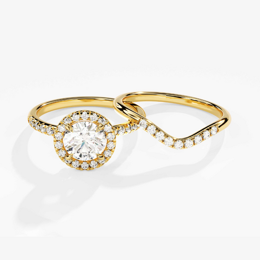 Halo Round Cut Moissanite Engagement Ring Bridal Set