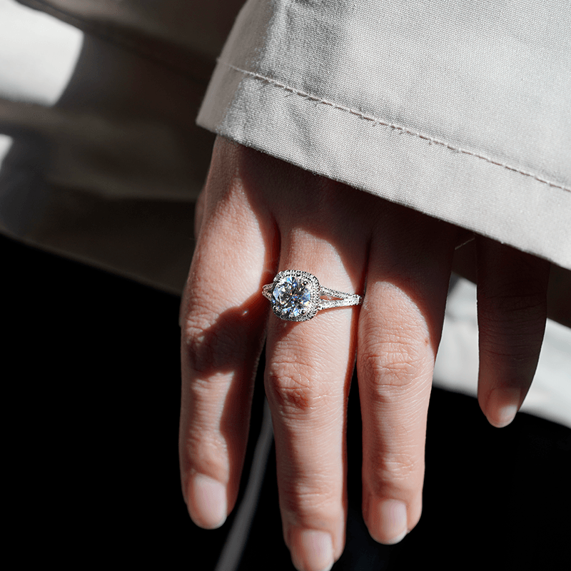 Halo Round Cut Split-Shank Moissanite Engagement Ring
