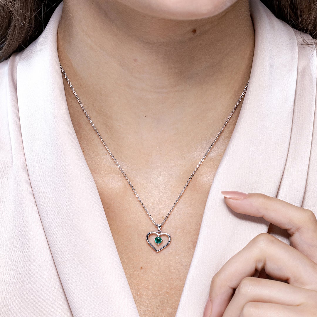 Heart Design Floating Round Lab-Created Emerald Pendant Necklace