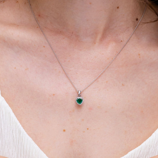 Heart Lab-Created Emerald with Moissanite Halo Pendant Necklace