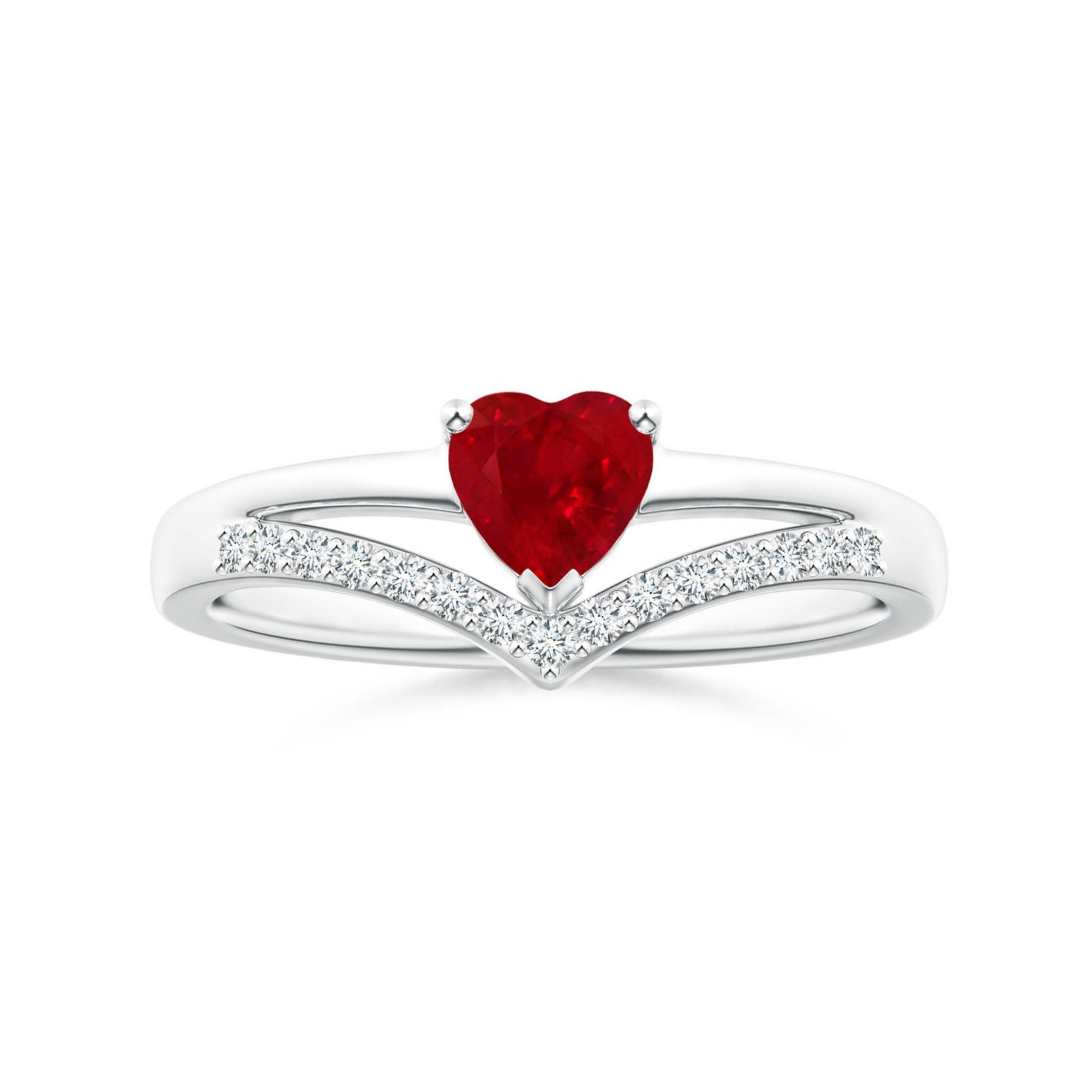Heart Lab-Created Ruby with Chevron Pavé Moissanite Band Promise Ring