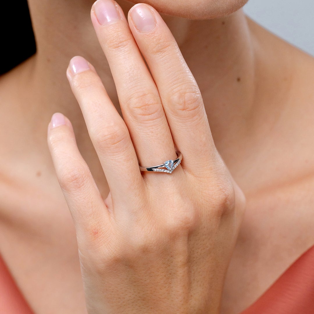 Heart-Shaped Aquamarine with Chevron Moissanite Accents Promise Ring