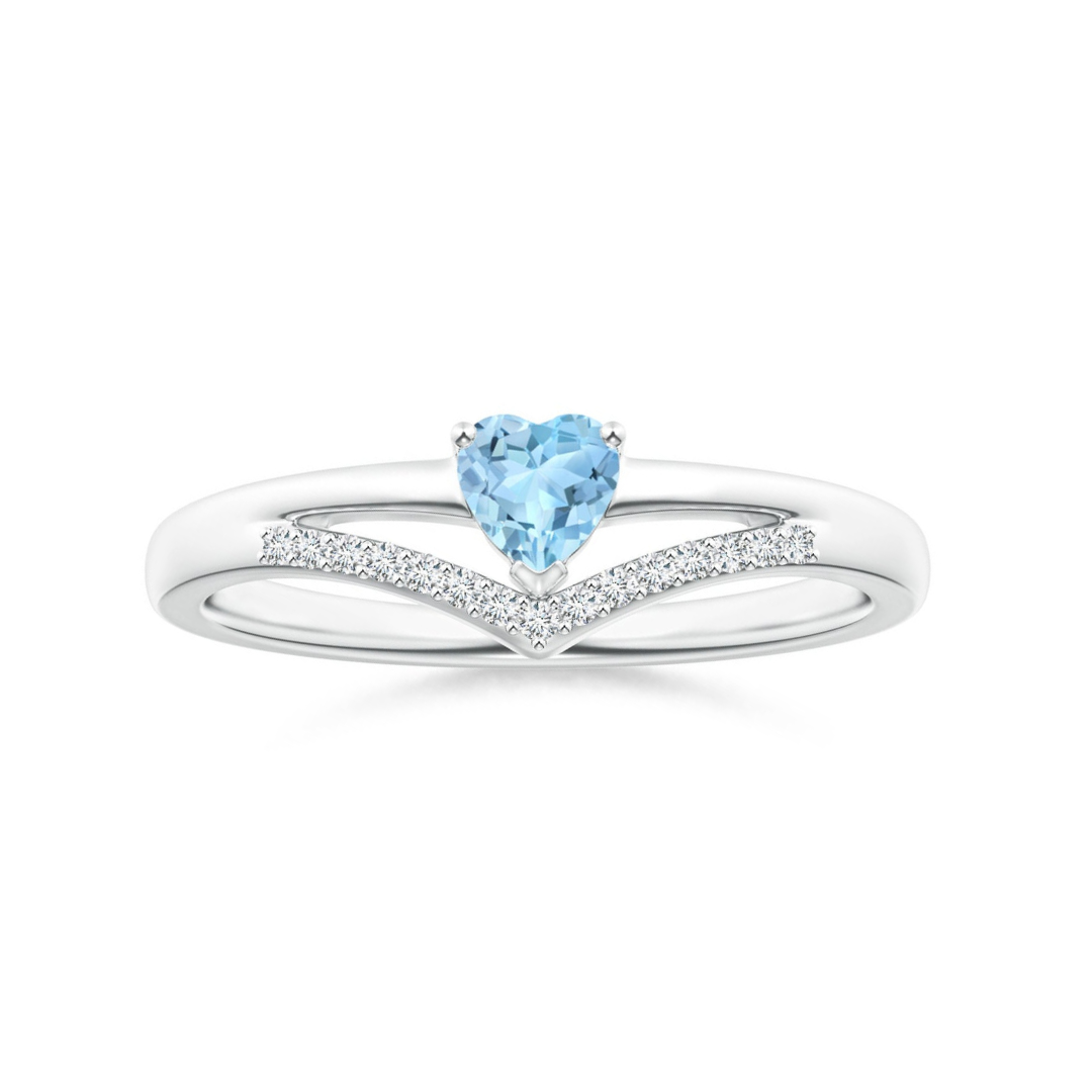 Heart-Shaped Aquamarine with Chevron Moissanite Accents Promise Ring