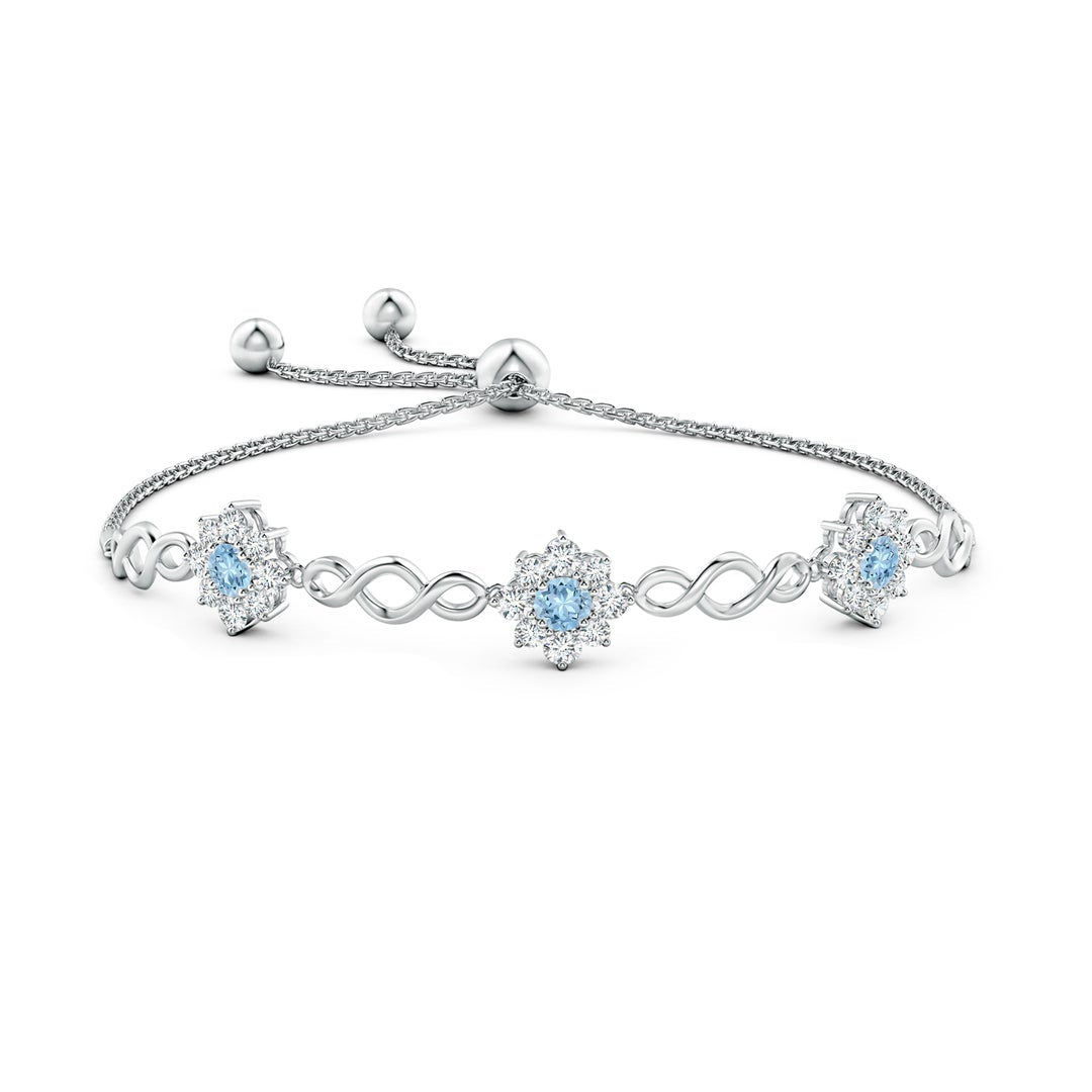 Infinity Aquamarine with Floral Moissanite Halos Station Bolo Bracelet