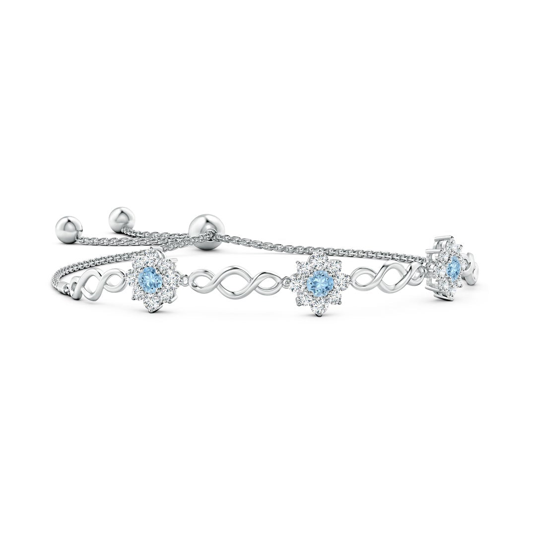 Infinity Aquamarine with Floral Moissanite Halos Station Bolo Bracelet