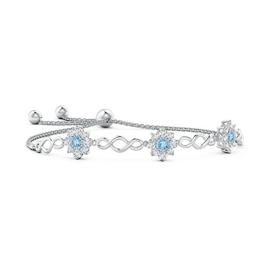 Infinity Aquamarine with Floral Moissanite Halos Station Bolo Bracelet