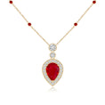 Inverted Pear Lab-Created Ruby with Moissanite Halo and Station Pendant Necklace