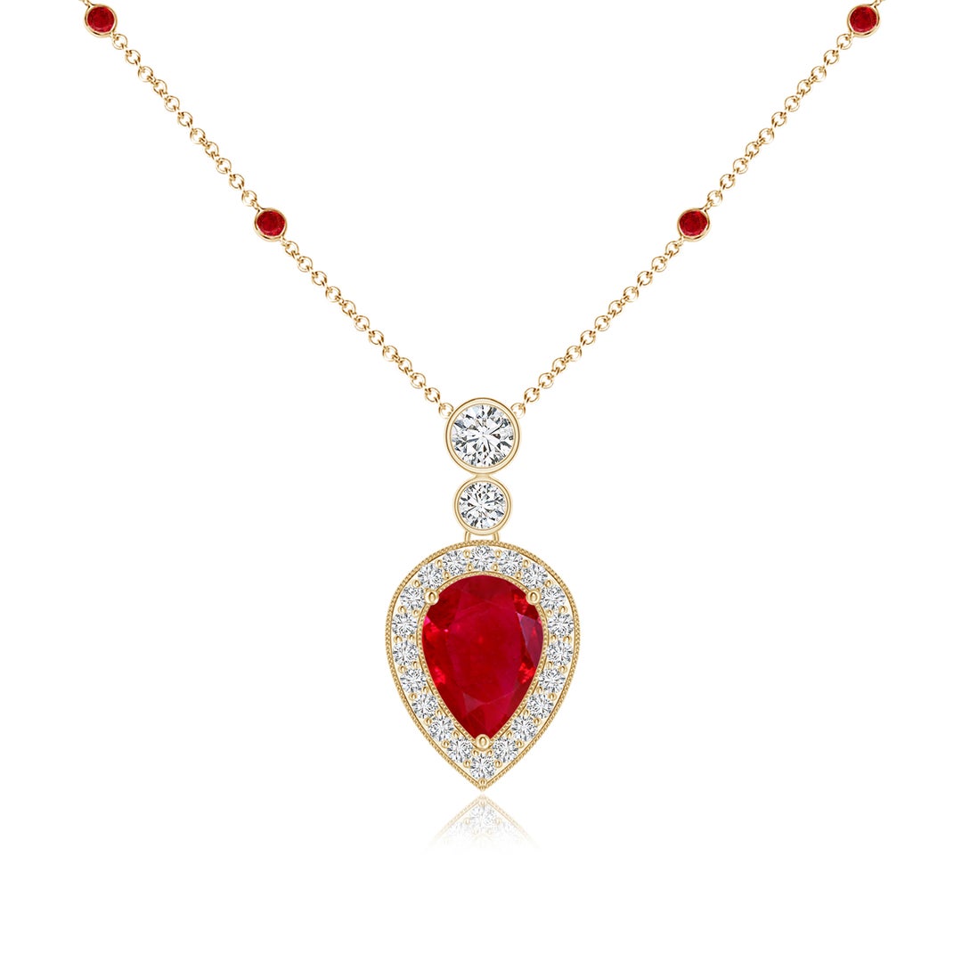 Inverted Pear Lab-Created Ruby with Moissanite Halo and Station Pendant Necklace