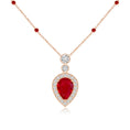 Inverted Pear Lab-Created Ruby with Moissanite Halo and Station Pendant Necklace