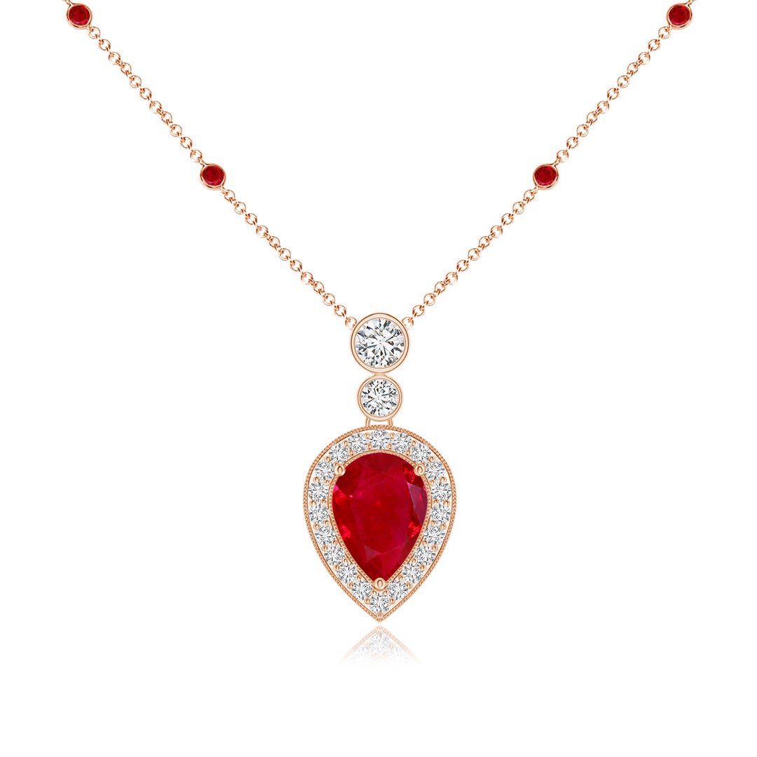 Inverted Pear Lab-Created Ruby with Moissanite Halo and Station Pendant Necklace