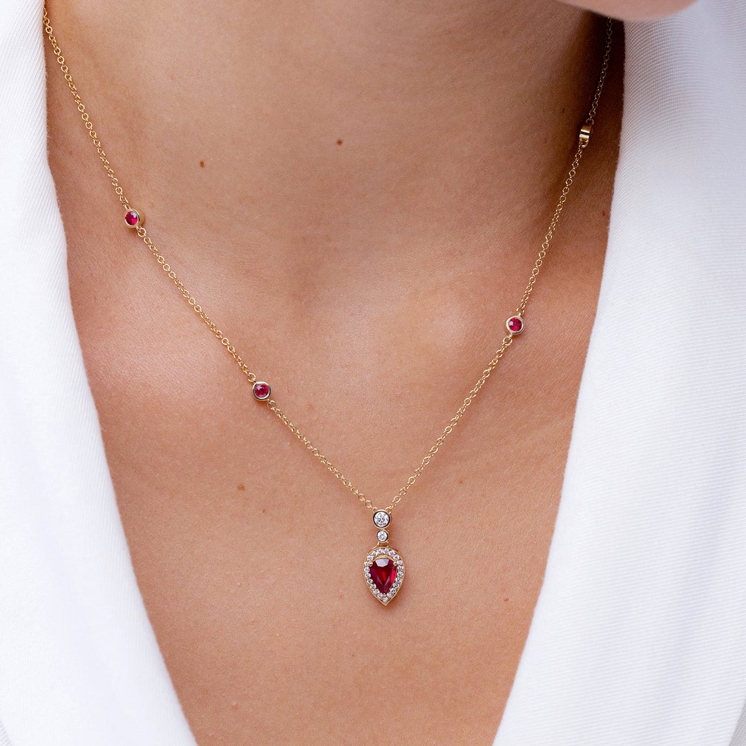 Inverted Pear Lab-Created Ruby with Moissanite Halo and Station Pendant Necklace