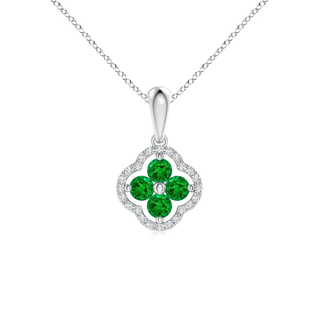 Lab-Created Emerald Clover with Floating Cluster and Moissanite Halo Pendant Necklace