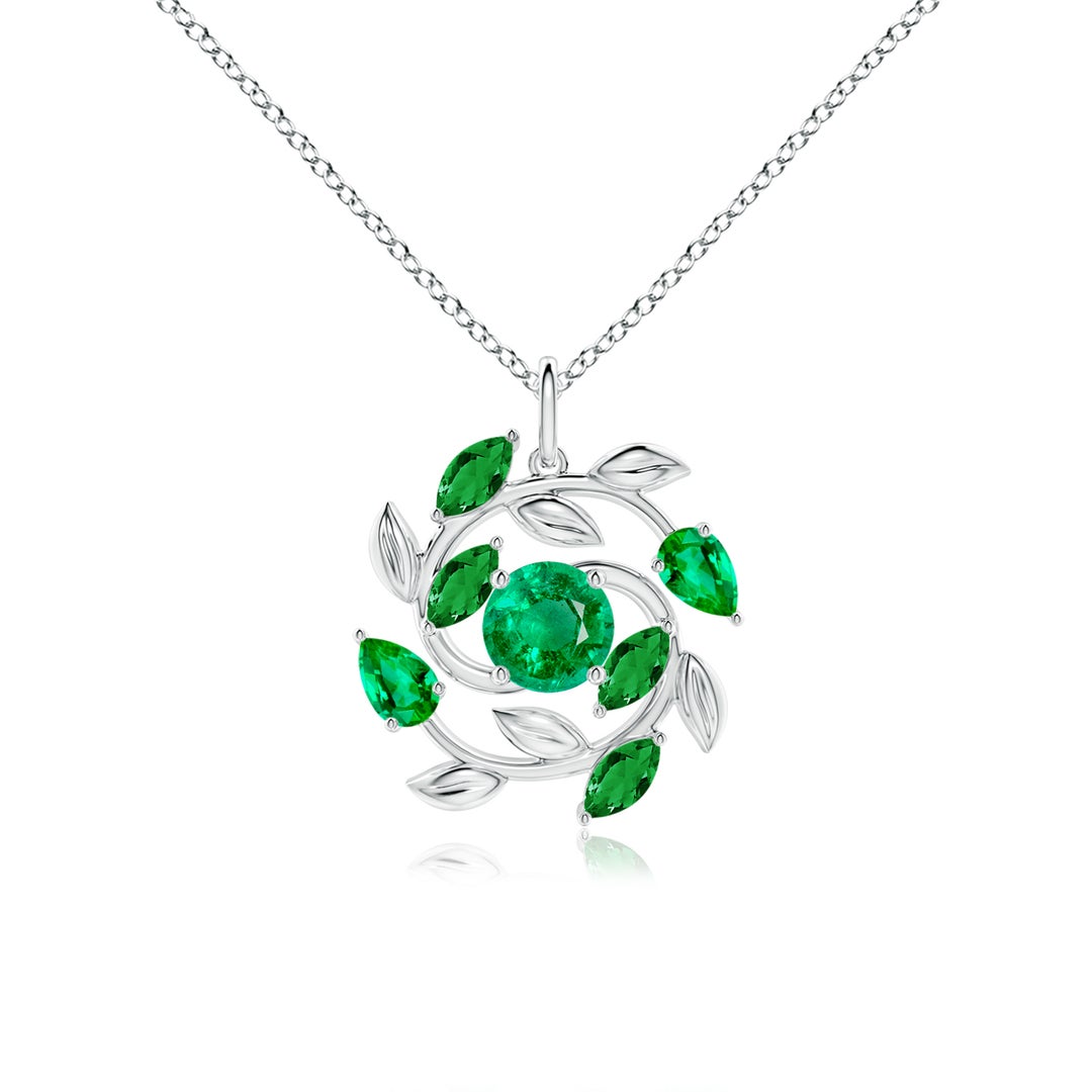 Lab-Created Emerald Olive Branch with Mixed-Cut Leaves Pendant Necklace