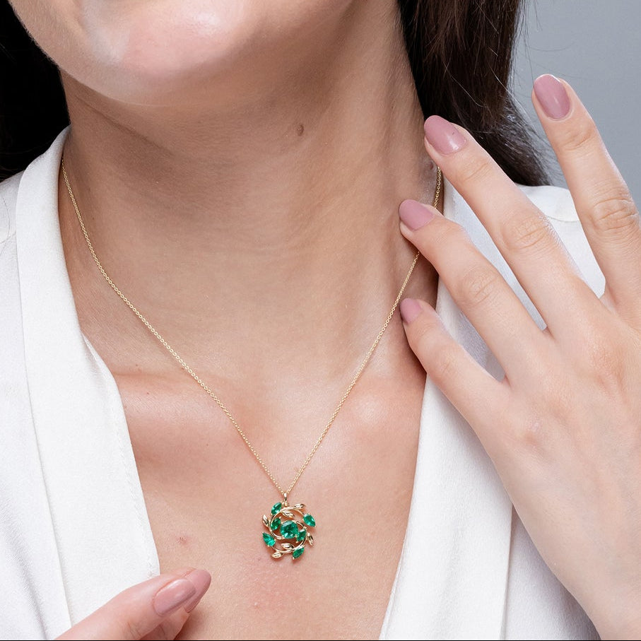 Lab-Created Emerald Olive Branch with Mixed-Cut Leaves Pendant Necklace