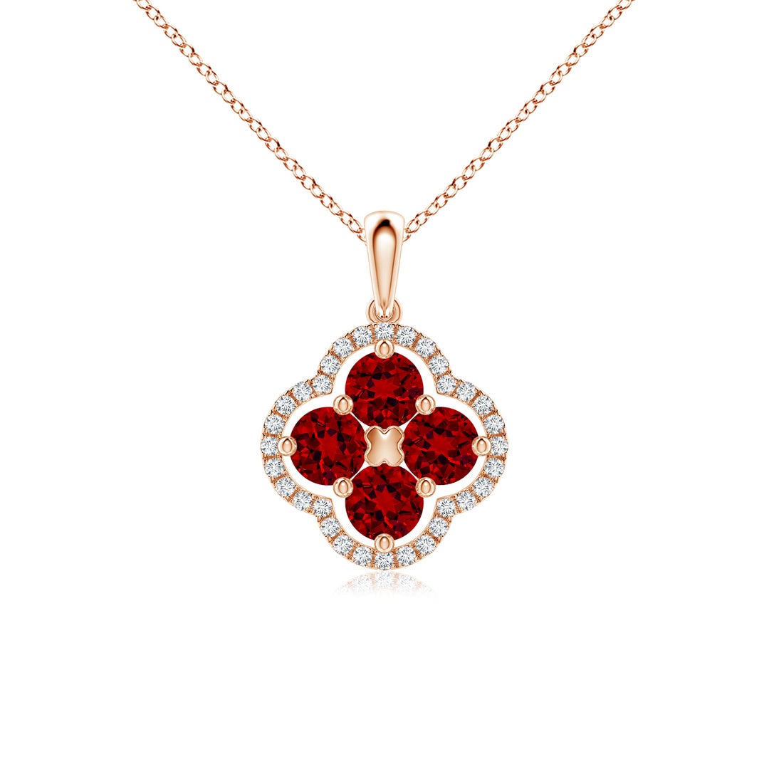 Lab-Created Ruby Clover with Floating Cluster and Moissanite Halo Pendant Necklace