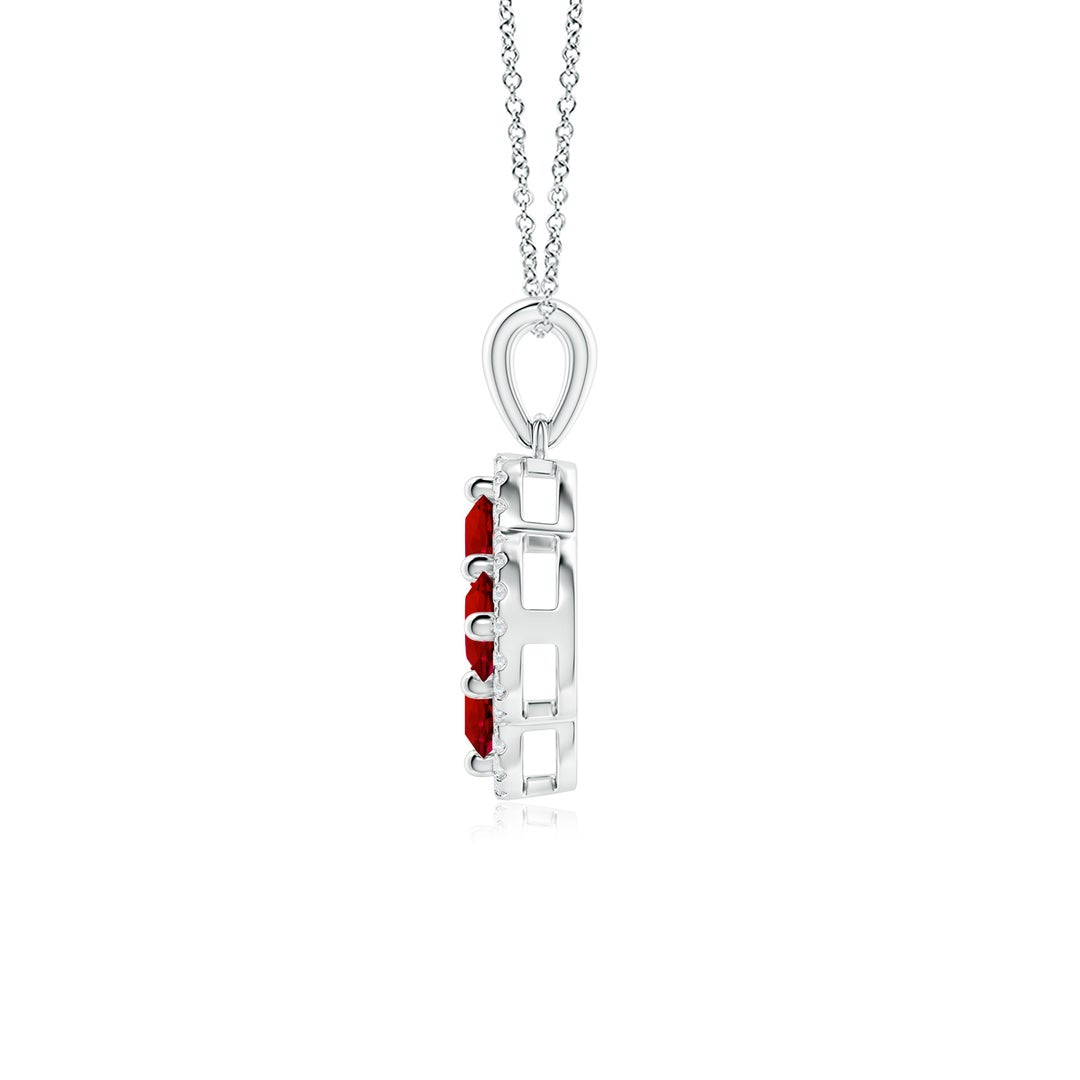 Lab-Created Ruby Clover with Floating Cluster and Moissanite Halo Pendant Necklace