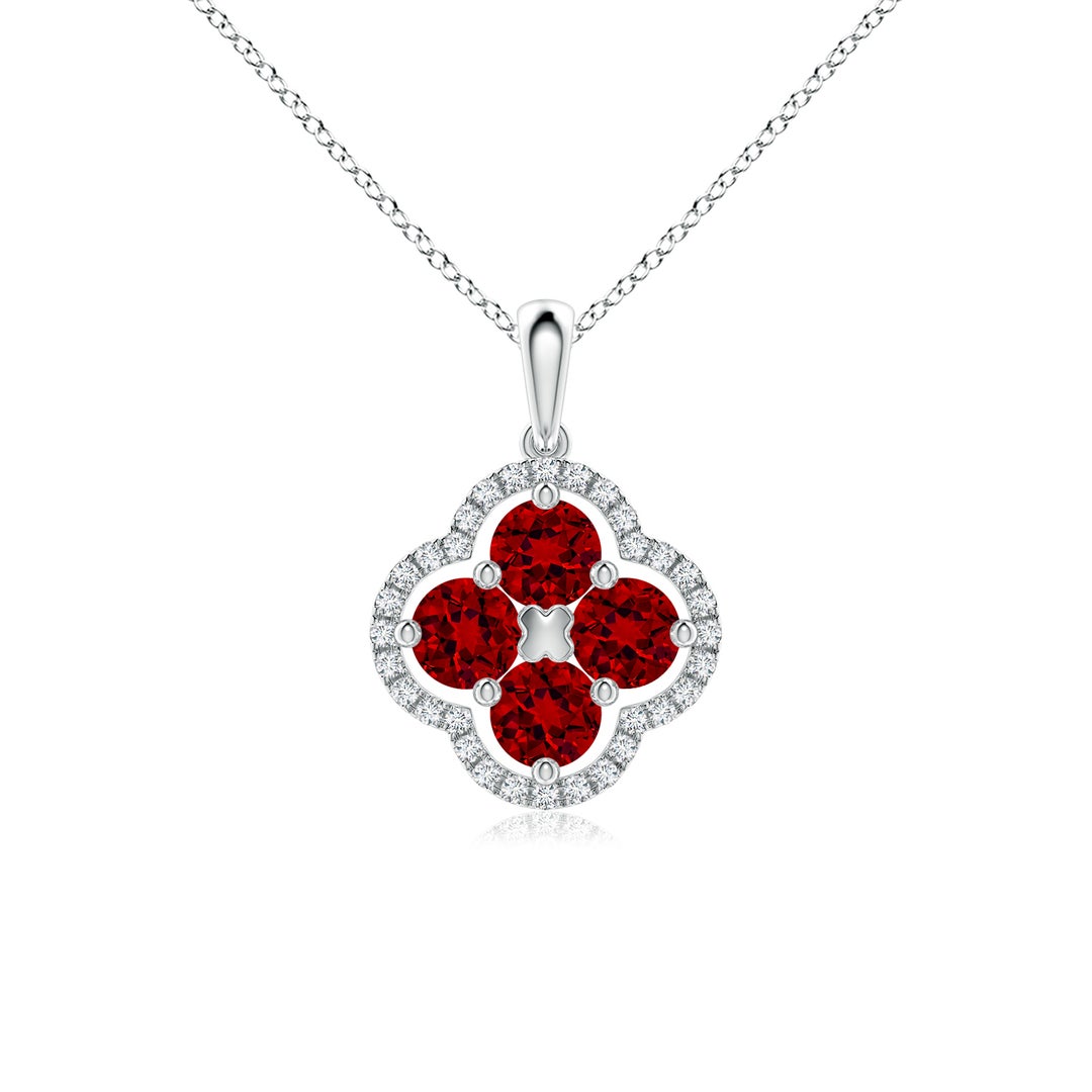 Lab-Created Ruby Clover with Floating Cluster and Moissanite Halo Pendant Necklace