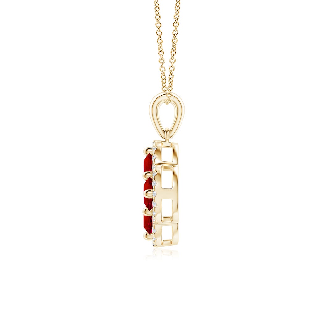 Lab-Created Ruby Clover with Floating Cluster and Moissanite Halo Pendant Necklace