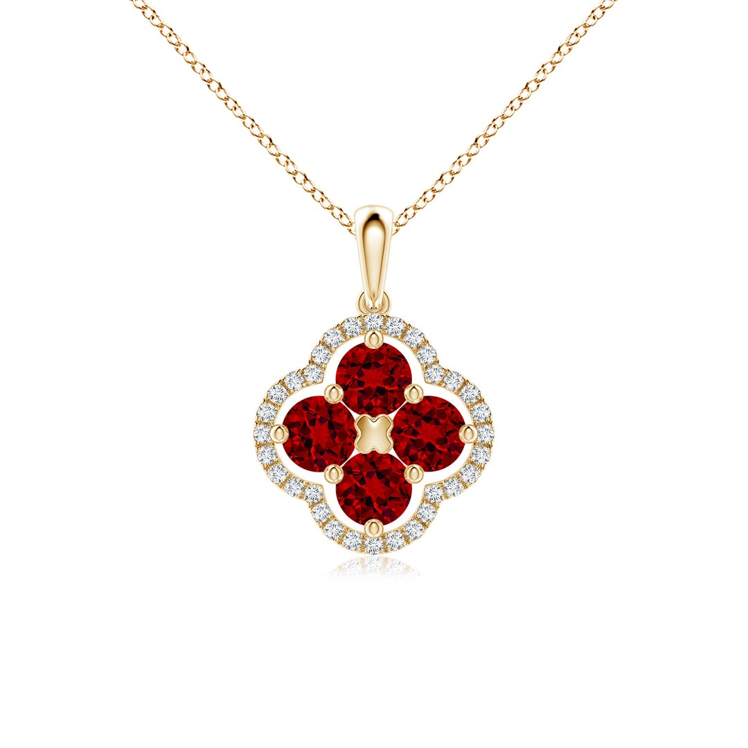 Lab-Created Ruby Clover with Floating Cluster and Moissanite Halo Pendant Necklace
