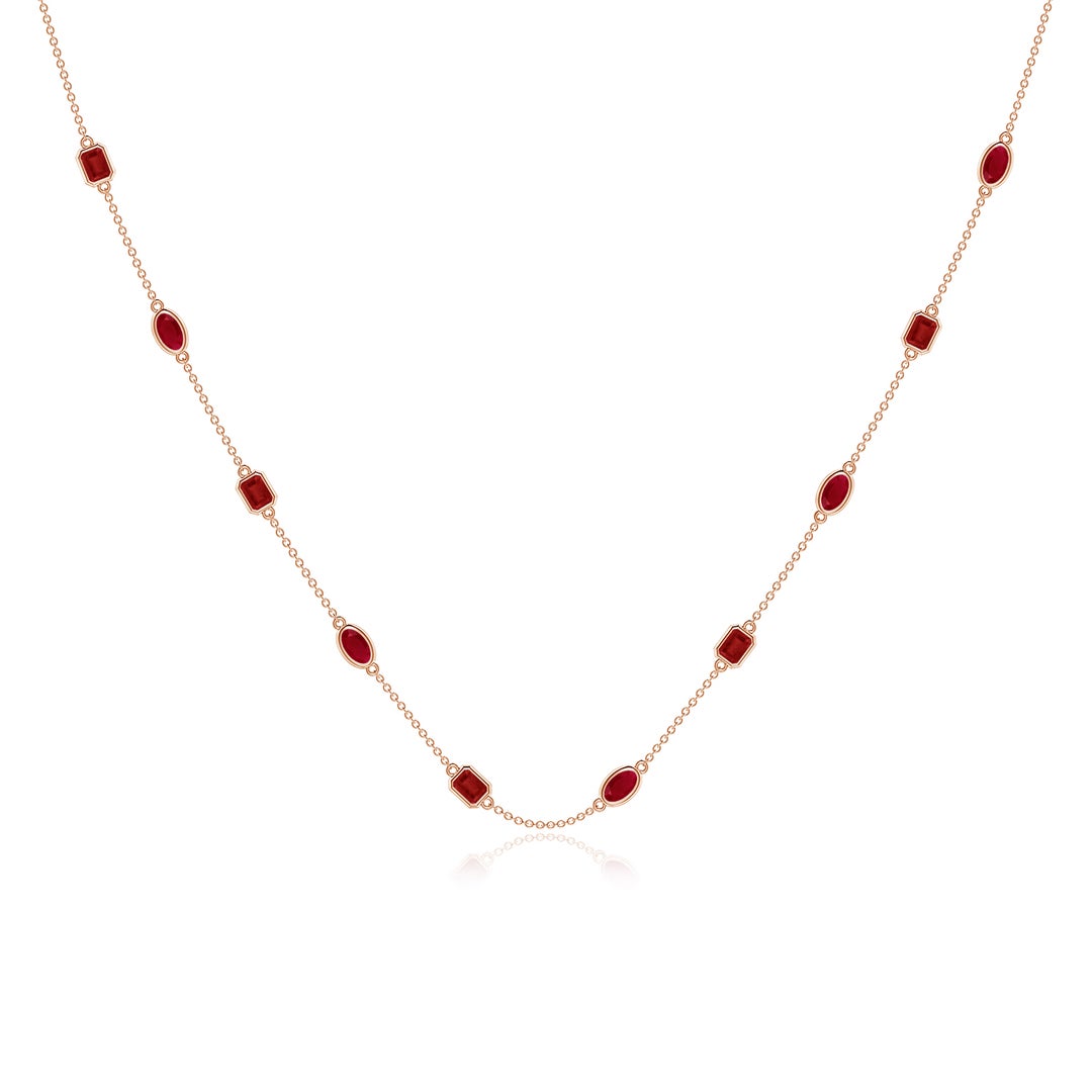 Lab-Created Ruby Oval and Emerald-Cut Stones Station Necklace