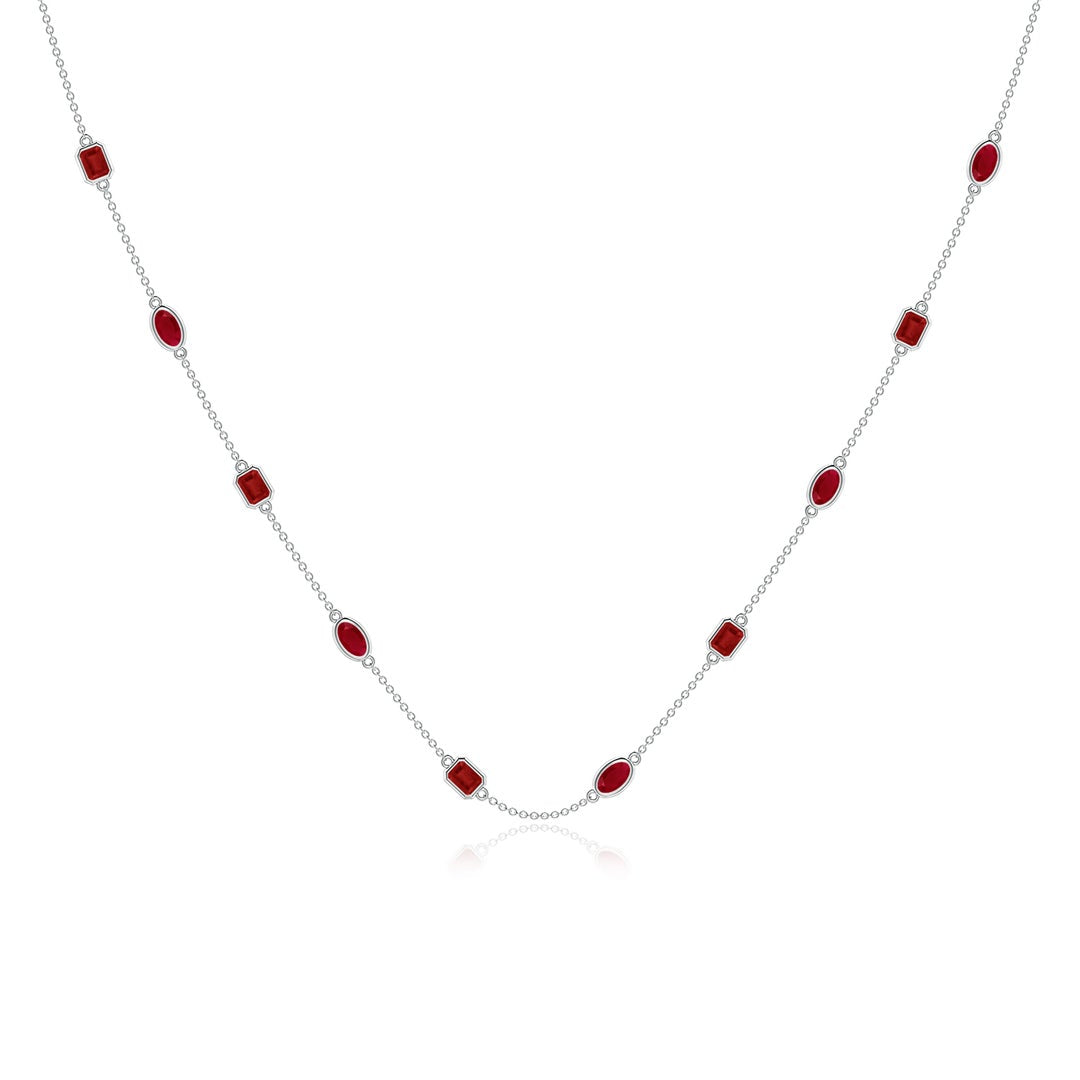 Lab-Created Ruby Oval and Emerald-Cut Stones Station Necklace