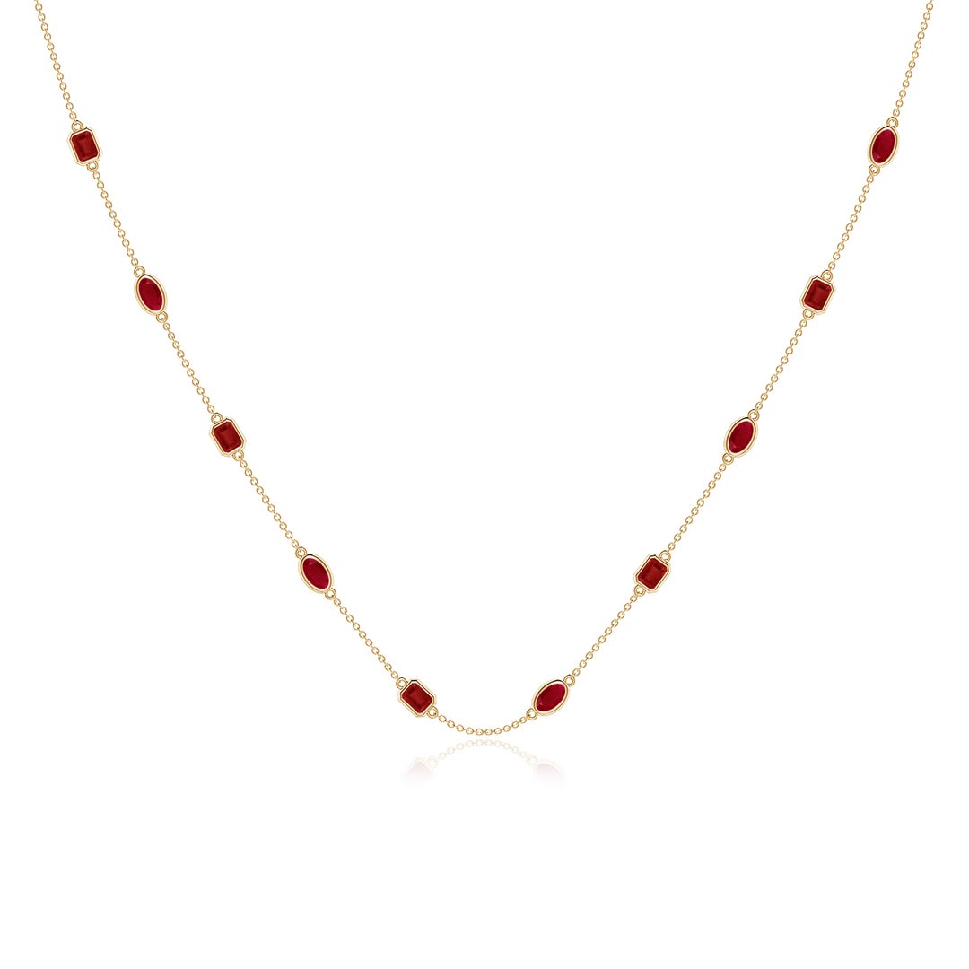 Lab-Created Ruby Oval and Emerald-Cut Stones Station Necklace