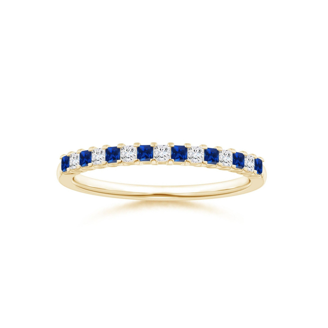 Princess Lab-Grown Blue Sapphire and Moissanite Semi Eternity Wedding Band