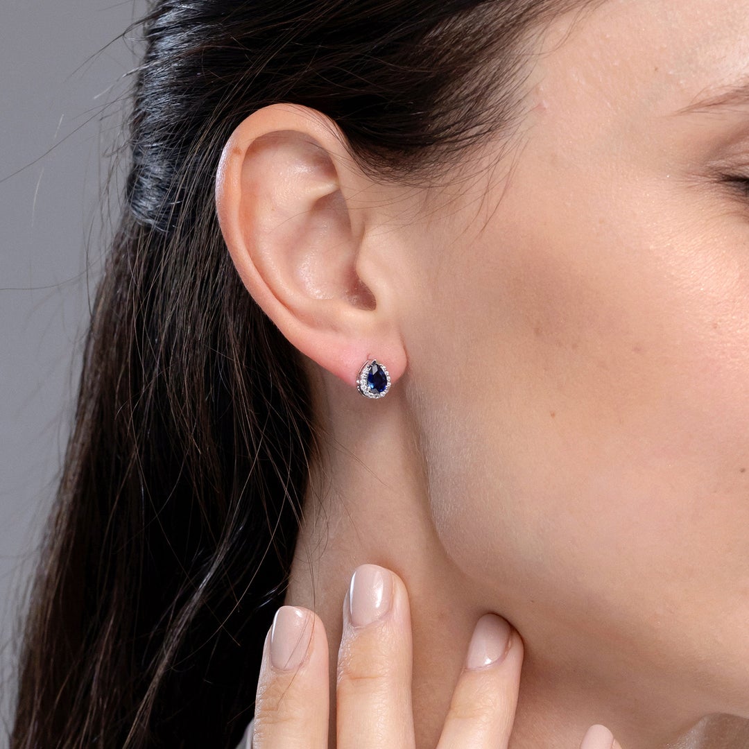 Lab-Grown Pear Cut Sapphire with Halo Moissanite Stud Earrings