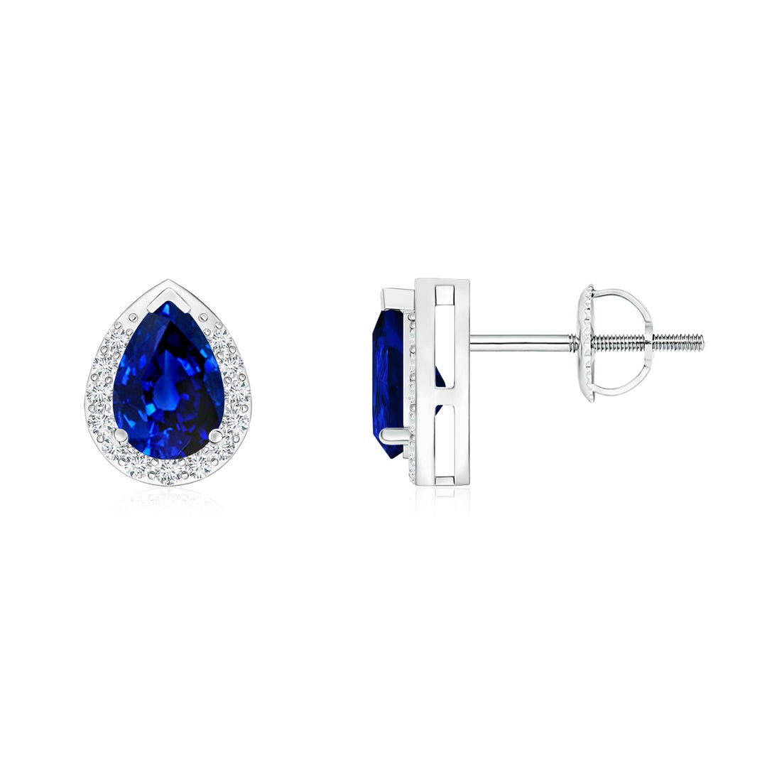 Lab-Grown Pear Cut Sapphire with Halo Moissanite Stud Earrings