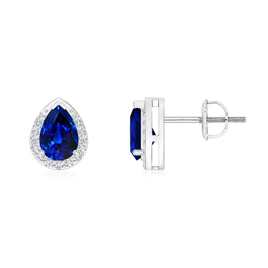 Lab-Grown Pear Cut Sapphire with Halo Moissanite Stud Earrings