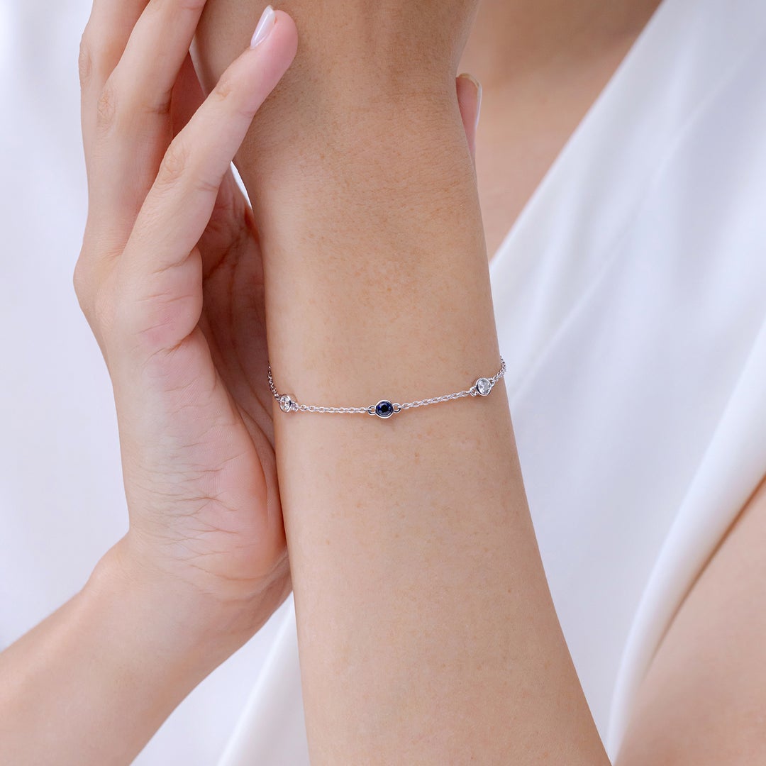 Lab-created Blue Sapphire and Moissanite Bezel Chain Bracelet