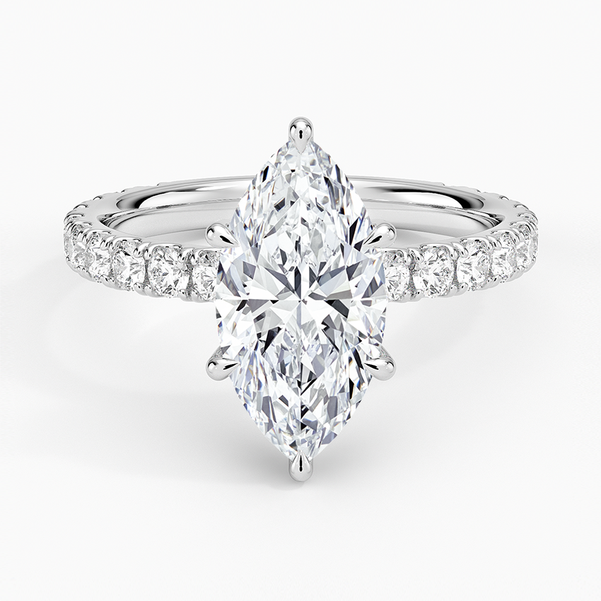 Marquise Cut Three-Quarter Pavé Band Moissanite Engagement Ring with Hidden Halo