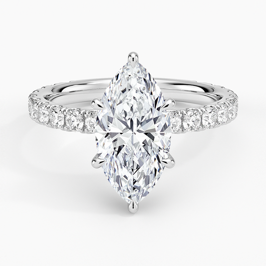 Marquise Cut Three-Quarter Pavé Band Moissanite Engagement Ring with Hidden Halo