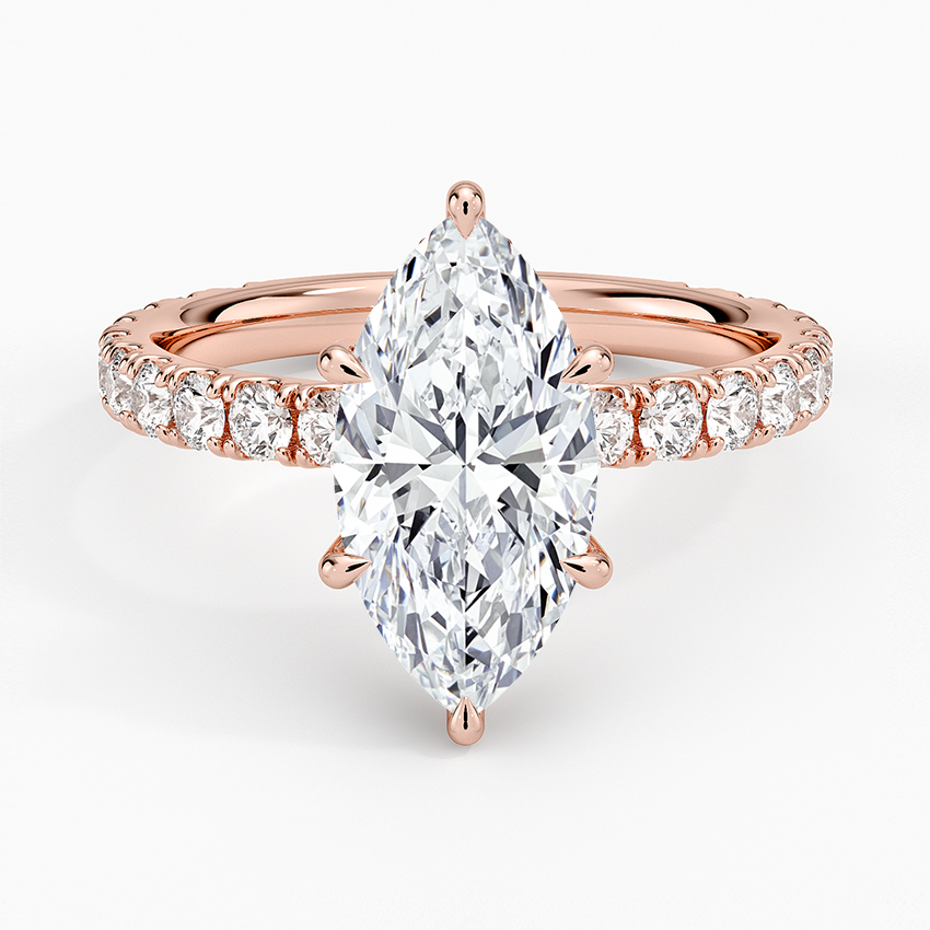 Marquise Cut Three-Quarter Pavé Band Moissanite Engagement Ring with Hidden Halo