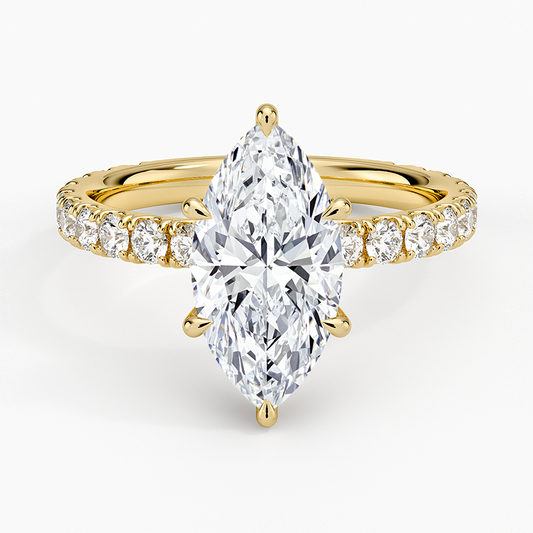 Marquise Cut Three-Quarter Pavé Band Moissanite Engagement Ring with Hidden Halo