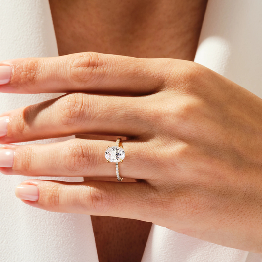 Sterling Silver Micropavé Oval Cut Moissanite Engagement Ring With Hidden Halo