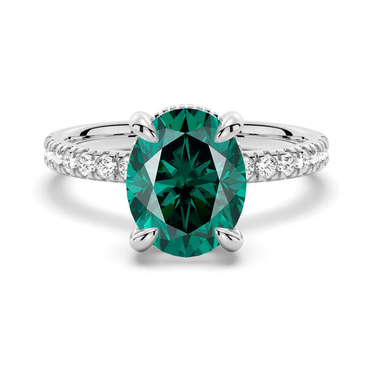 Sterling Silver Micropavé Oval Green Moissanite Engagement Ring With Hidden Halo