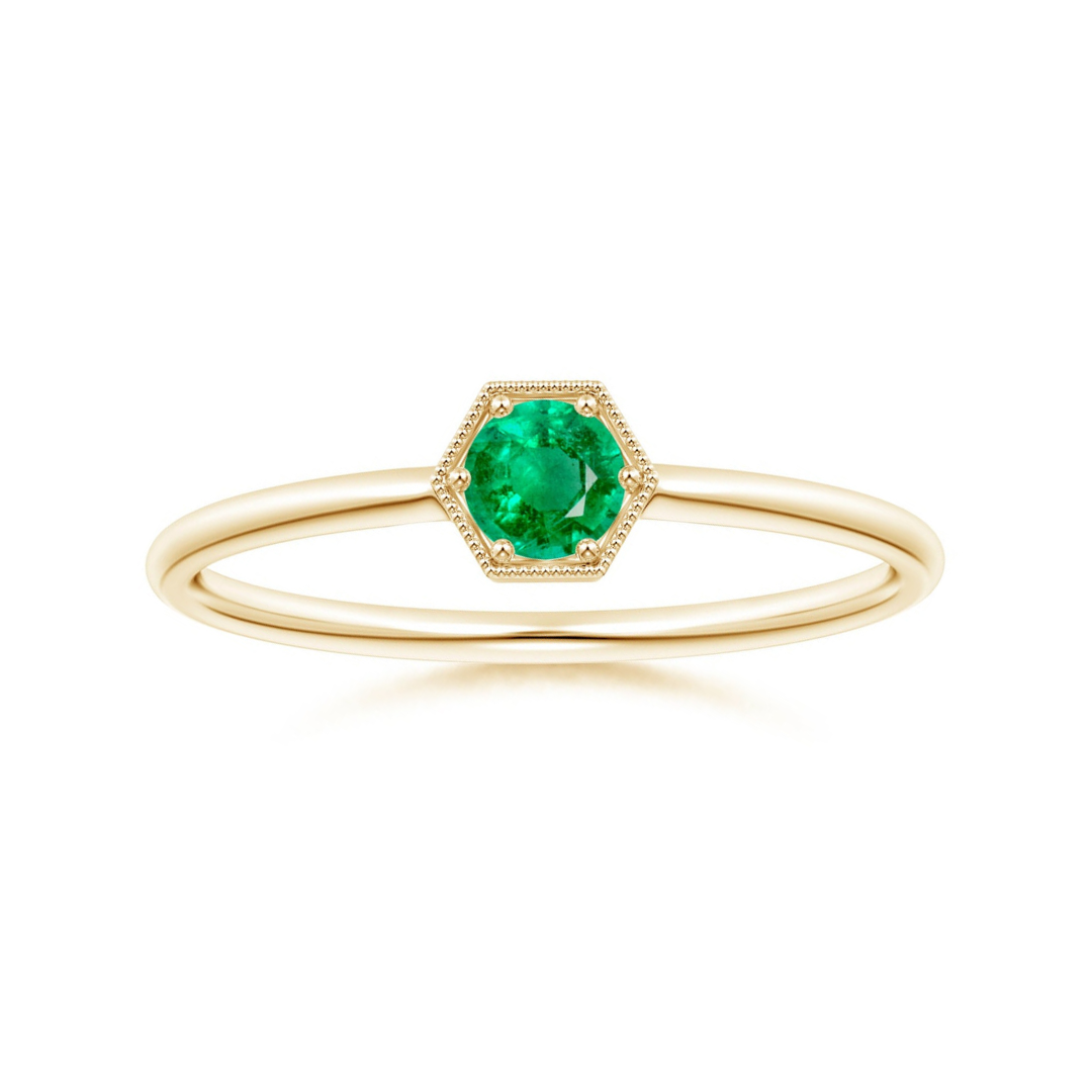 Milgrain Hexagon Round Lab-Grown Emerald Solitaire Promise Ring – 1.6 mm
