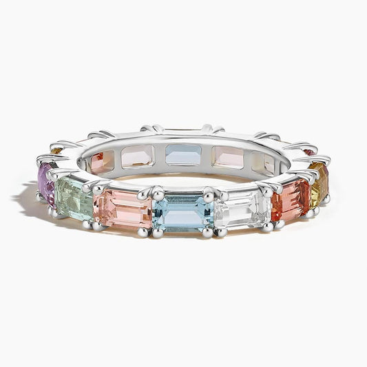 Multi-Color Emerald-Cut Lab Gemstone Eternity Wedding Band-3.2 mm