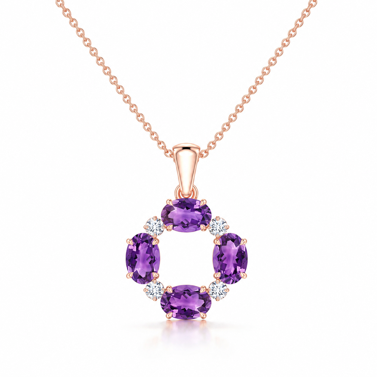 Oval Amethyst Open Circle with Moissanite Accents Pendant Necklace