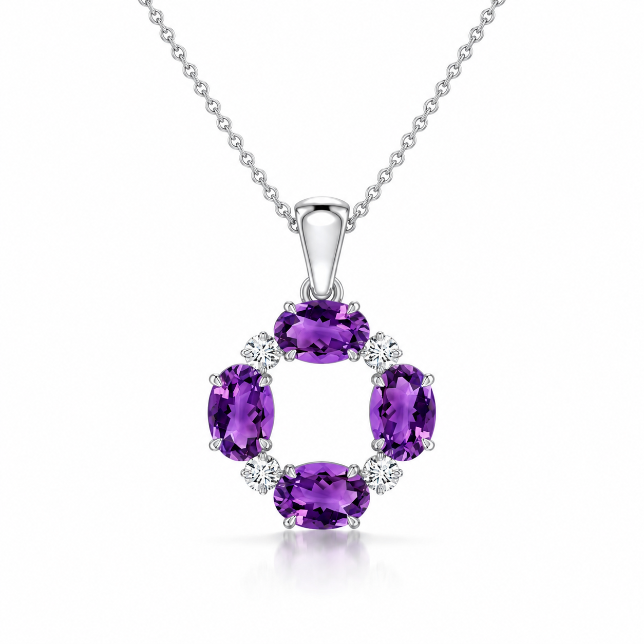 Oval Amethyst Open Circle with Moissanite Accents Pendant Necklace