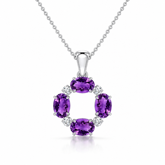 Oval Amethyst Open Circle with Moissanite Accents Pendant Necklace